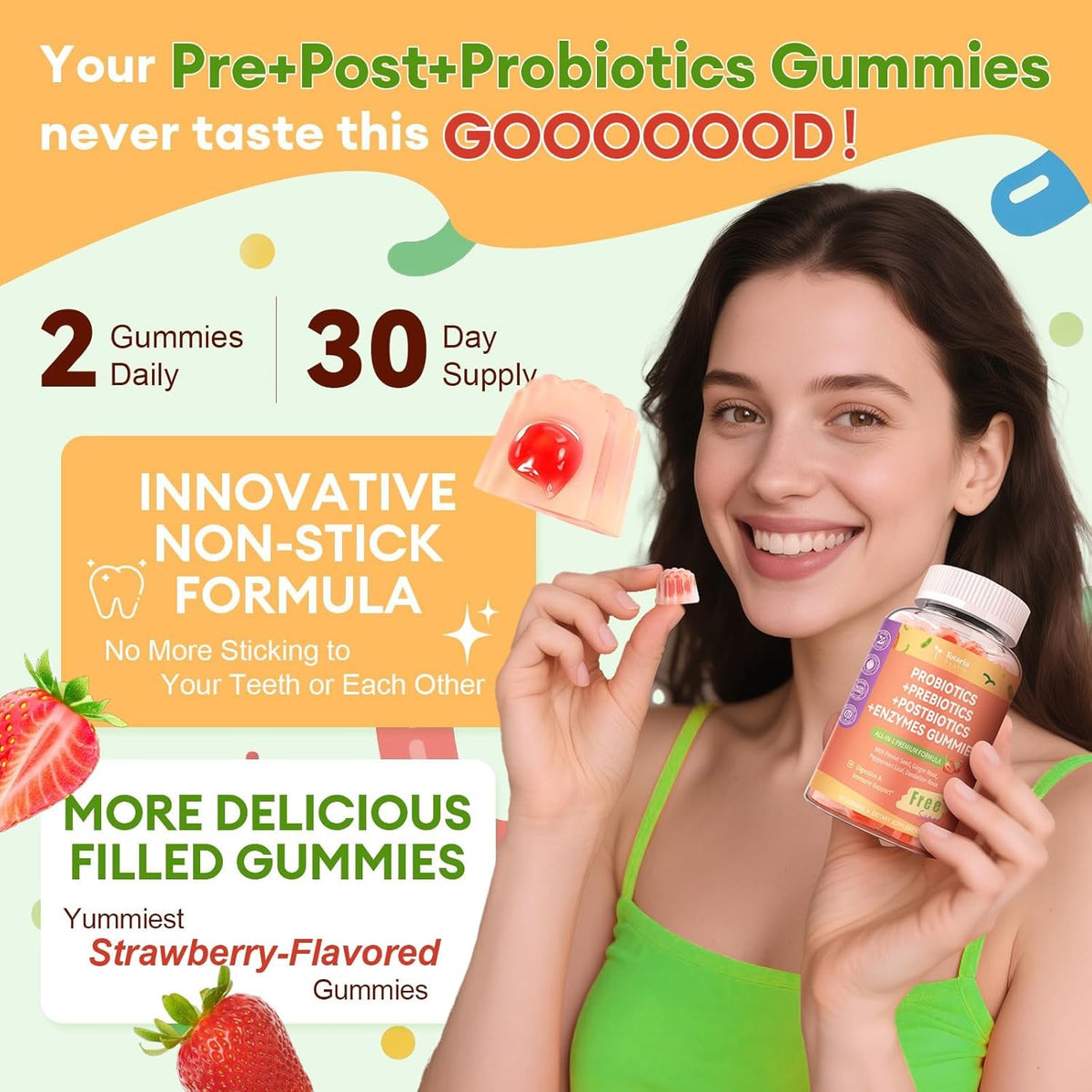 Totaria Sugar Free 5-In-1 Probiotic Prebiotic Postbiotic Gummy, 36 Strains Probiotics for Women Men with Digestive Enzymes, Peppermint, Complete Immune, Gut & Digestive Support, Vegan, 60 Counts