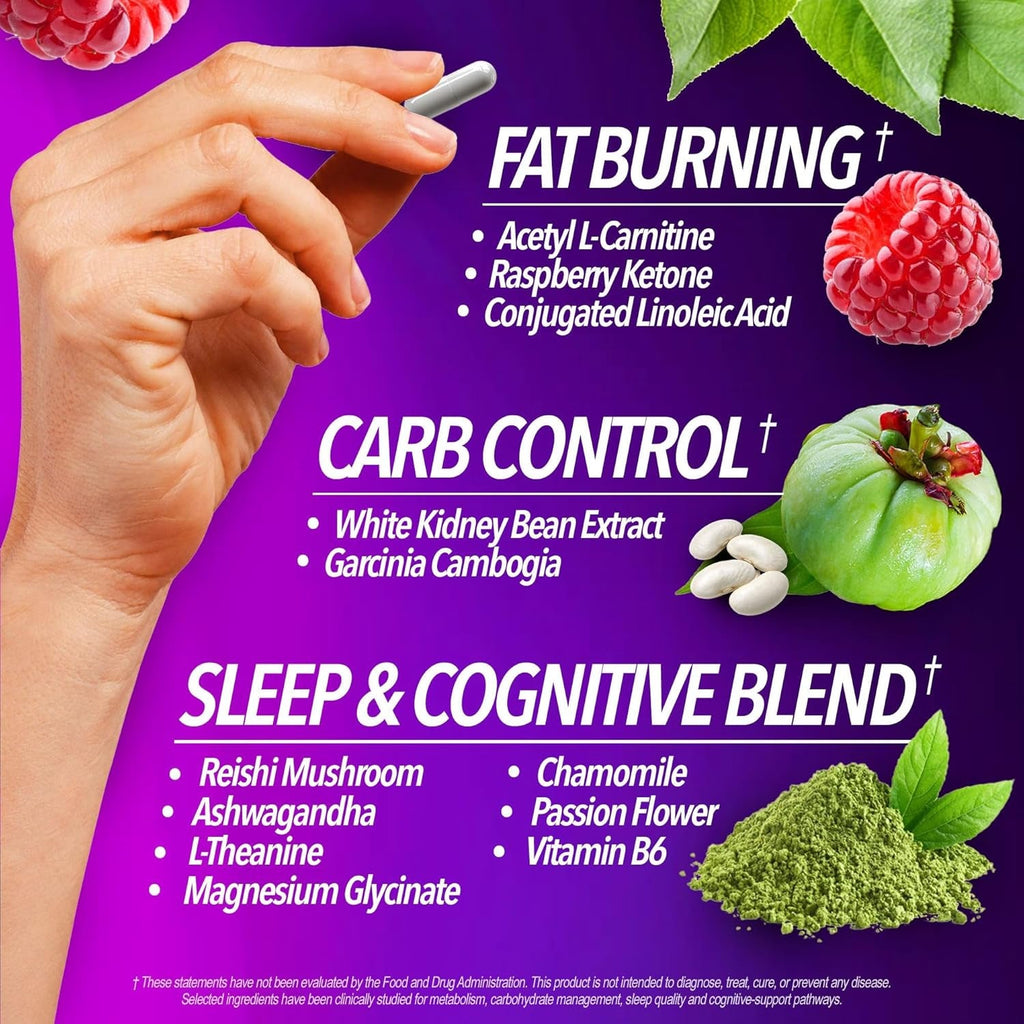 Night Bullets Weight Loss Pills for Women & Men, Stim-Free Nighttime Fat Burner, GLP-1 Support, Appetite Suppressant, Diet Pills with Ashwagandha & CLA, 60 Capsules
