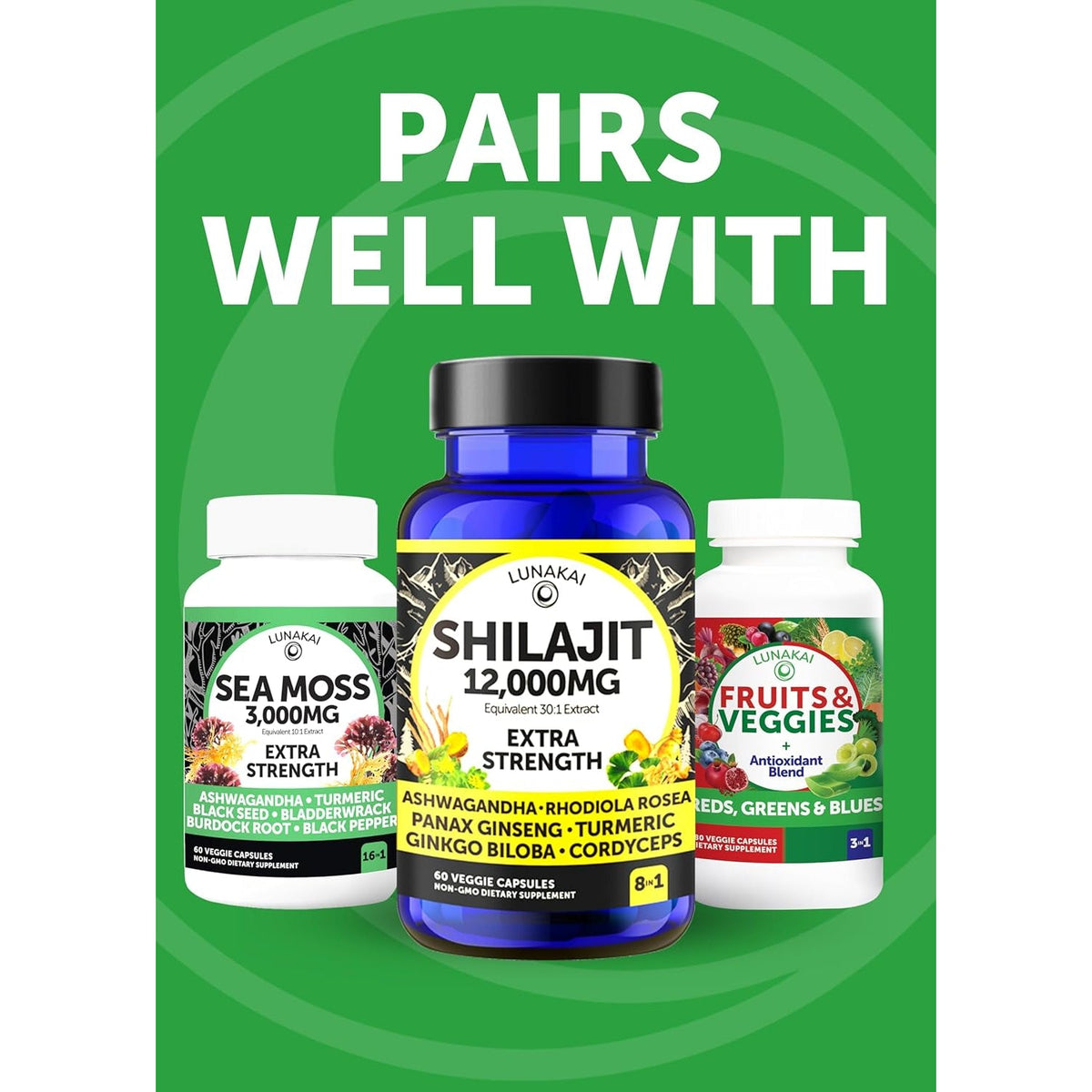 Lunakai USA Made Superfood Fruits & Veggies Supplement - All-In-One with 4 Blends & Scented Capsules, 180Ct Super Veggie Capsules for Adults