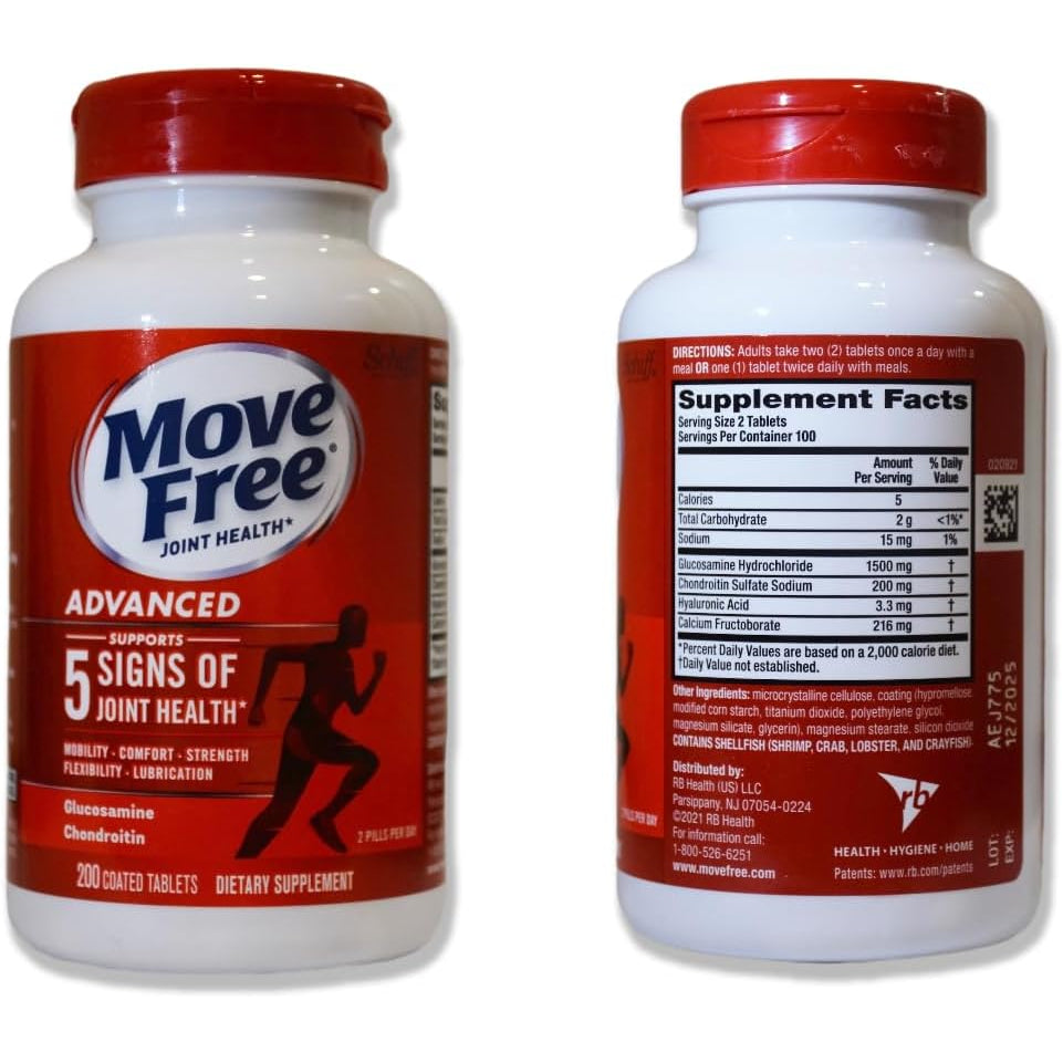 Move Free Advanced Glucosamine Chondroitin + Calcium Fructoborate Joint Support Supplement, Supports Mobility Comfort Strength Flexibility & Lubrication - 200 Tablets (100 Servings)*