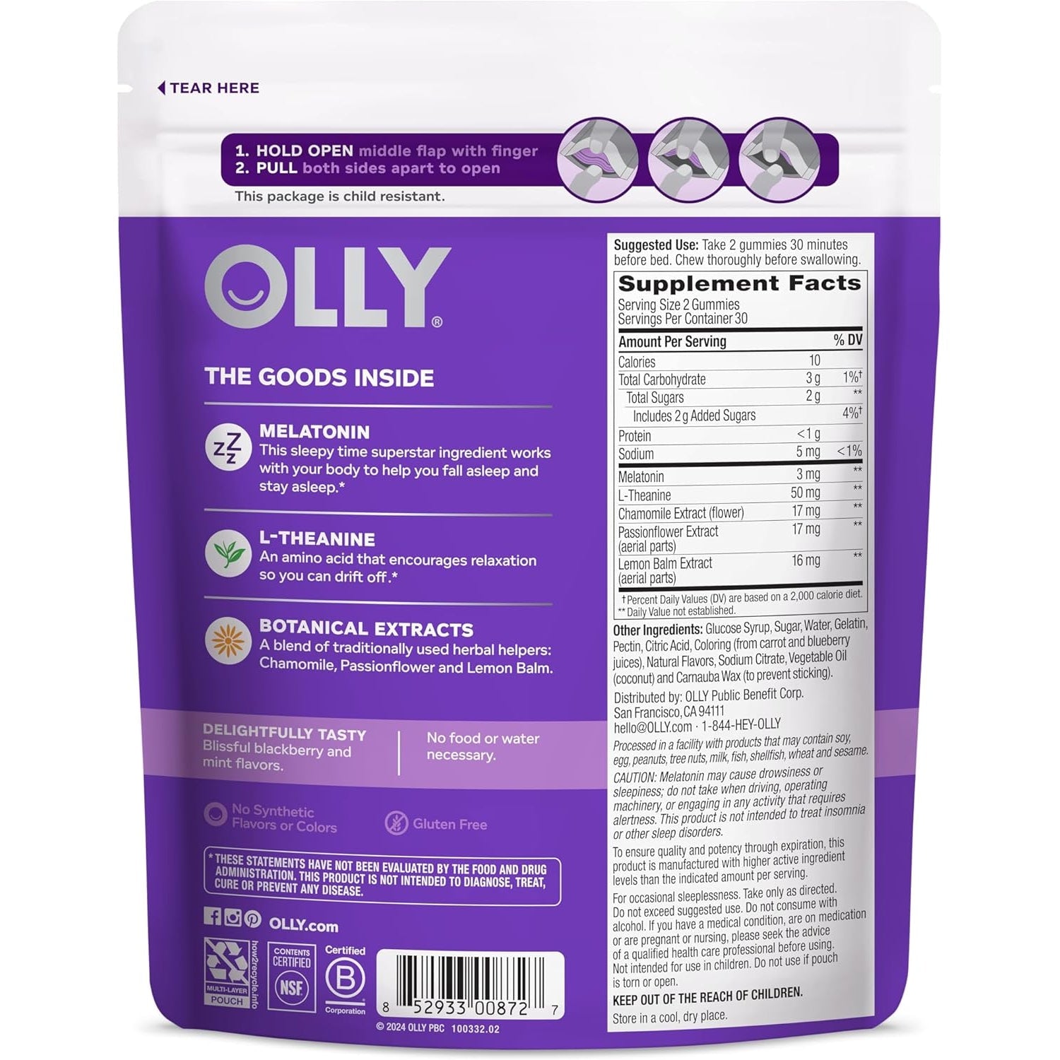 OLLY Sleep Gummy, 3 Mg Melatonin, L-Theanine, Chamomile, and Lemon Balm Extracts, Blackberry Flavor, 30 Day Supply - 60 Count