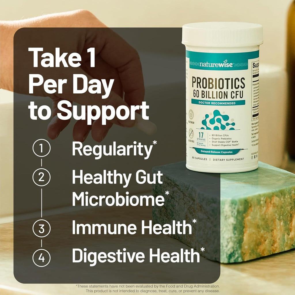 Naturewise Probiotics 60 Billion CFU - 17 Strains + Organic Prebiotics - Immune, Digestive & Gut Health Support for Women & Men - Vegetarian, Gluten-Free, Non-Gmo - 30 Capsules[1-Month Supply]