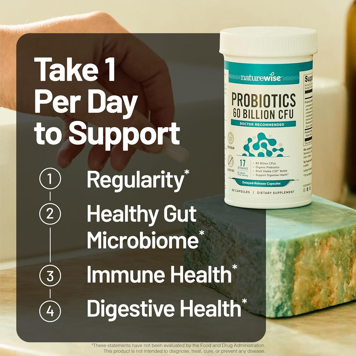 Naturewise Probiotics 60 Billion CFU - 17 Strains + Organic Prebiotics - Immune, Digestive & Gut Health Support for Women & Men - Vegetarian, Gluten-Free, Non-Gmo - 30 Capsules[1-Month Supply]