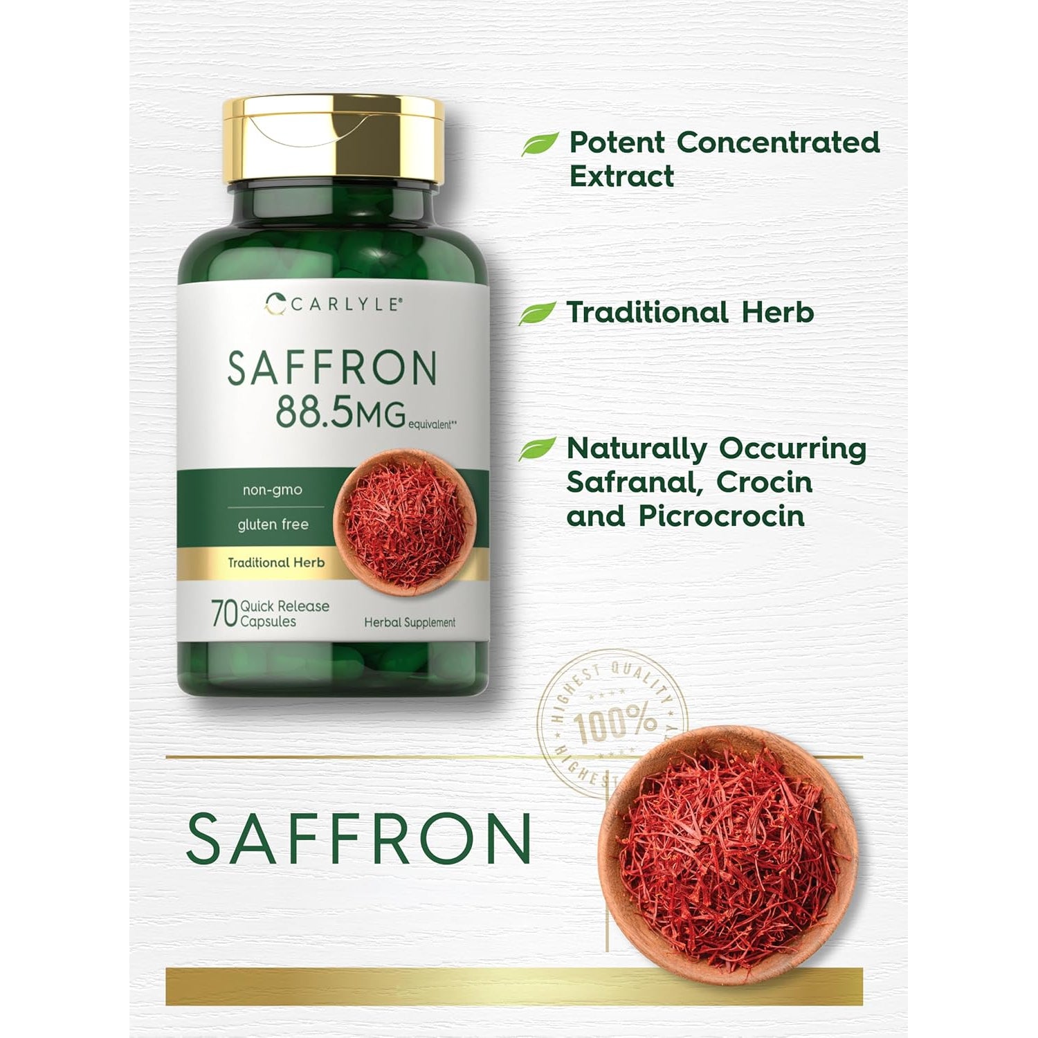 Carlyle Saffron Extract Supplement | 70 Capsules | Pills for Adults | Non-Gmo & Gluten Free