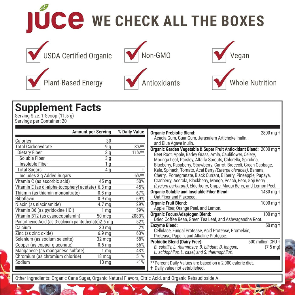 Terra Kai Organics JUCE Reds Organic Superfood Powder - Garden Berry Flavor | Fruit & Veggie Powder for Everyone W/64 Immune Boosting Superfood plus Probiotics for Gut Health | 20 Servings (230G)