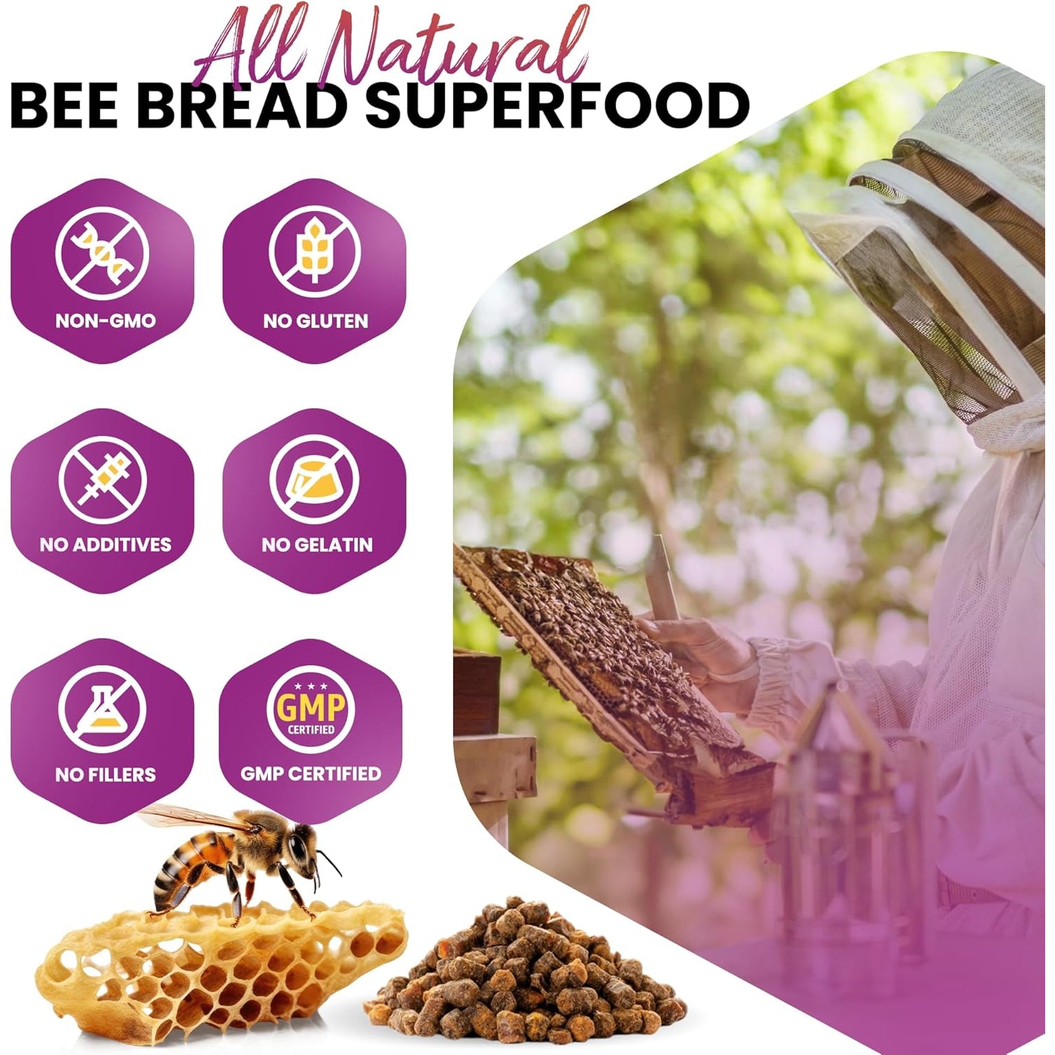 Honeybeezone-Bee Bread Capsules – Nutrient-Rich Superfood for Energy Boost, Immune Support Supplement | Non-Gmo, Gluten-Free, 60 Easy-To-Swallow Veggie Capsules