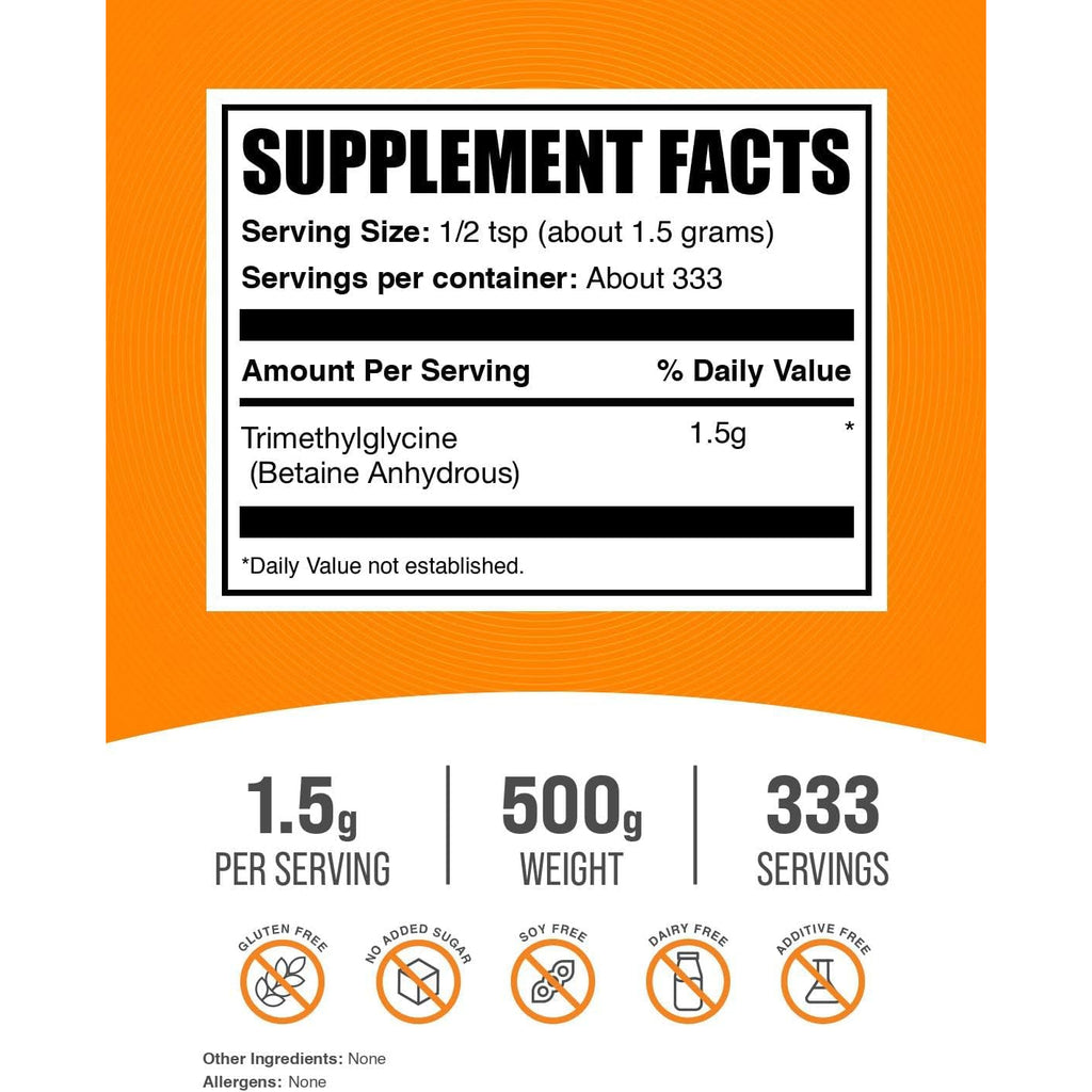 Bulksupplements.Com Betaine Anhydrous Powder - Trimethylglyine, TMG Supplements, TMG Powder - Betaine TMG - Gluten Free, 1500Mg per Serving, 500G (1.1 Lbs)
