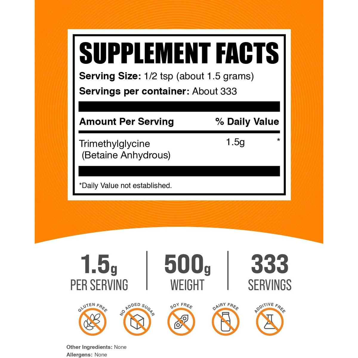 Bulksupplements.Com Betaine Anhydrous Powder - Trimethylglyine, TMG Supplements, TMG Powder - Betaine TMG - Gluten Free, 1500Mg per Serving, 500G (1.1 Lbs)