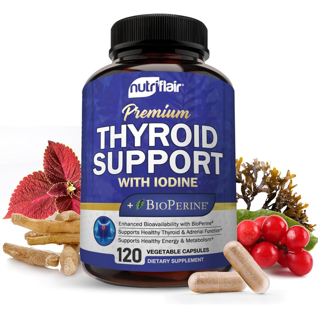 Nutriflair Thyroid Support Complex, 120 Capsules - with Iodine, Black Pepper, Ashwagandha, Vitamin B12 - Thyroid Supplement for Women and Men