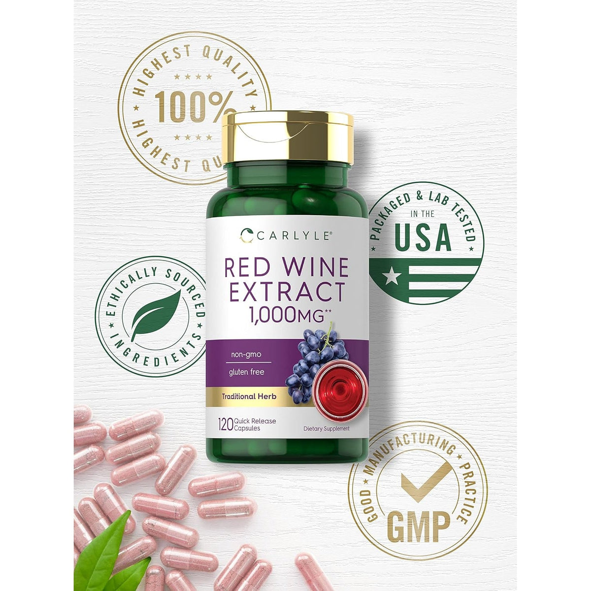 Carlyle Red Wine Extract Capsules | 120 Count | Non-Gmo and Gluten Free Supplement