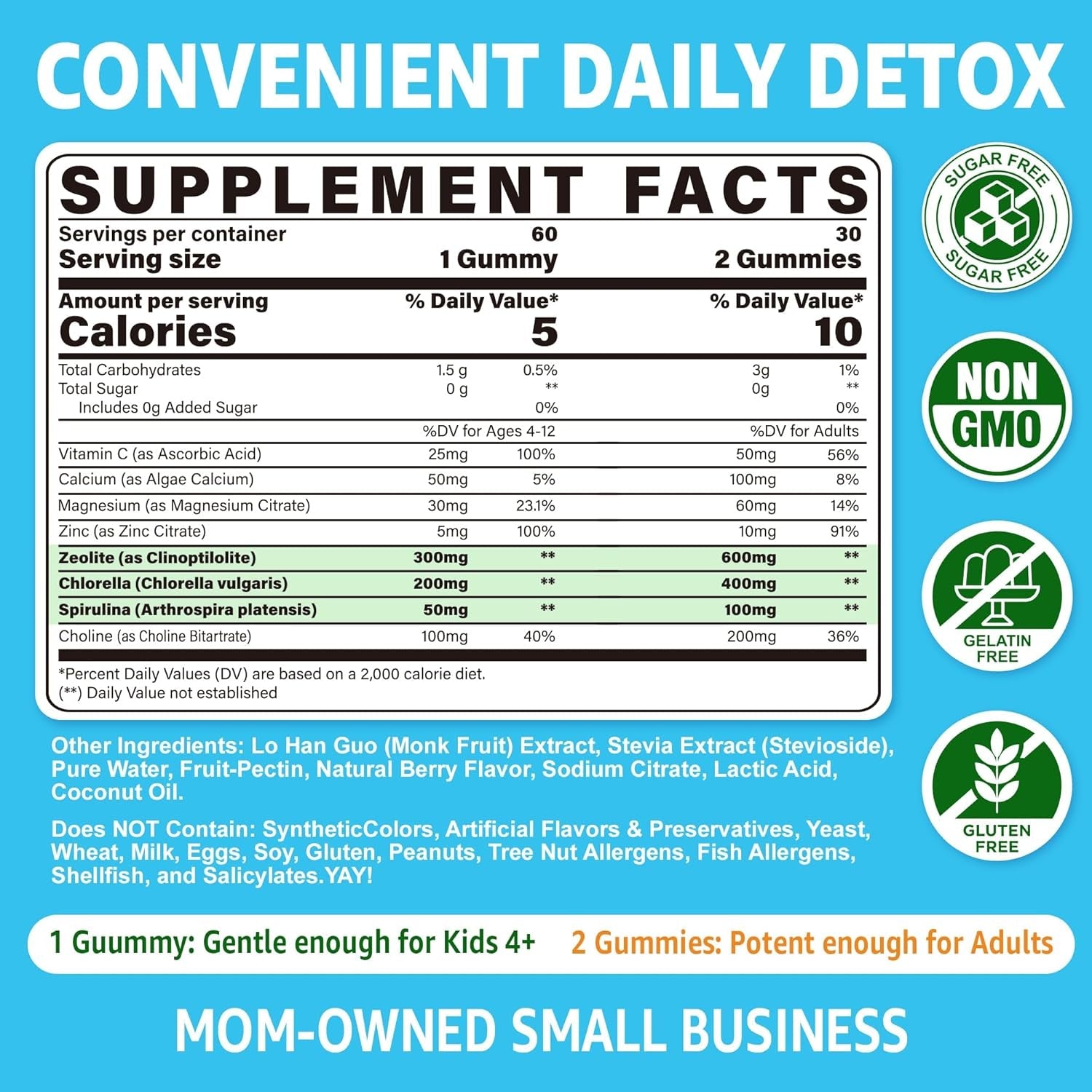 Zeolite Dêtõx for Kids & Adults, Sugar Free Kids Tõxin Dêtõx Gummies W/ Chlorella, Spirulina, Minerals, Choline - Gentle Heavy Mêtâl Dêtõx for Digestive, Immune, Focus, Energy, Bone, Vegan, 120Cts