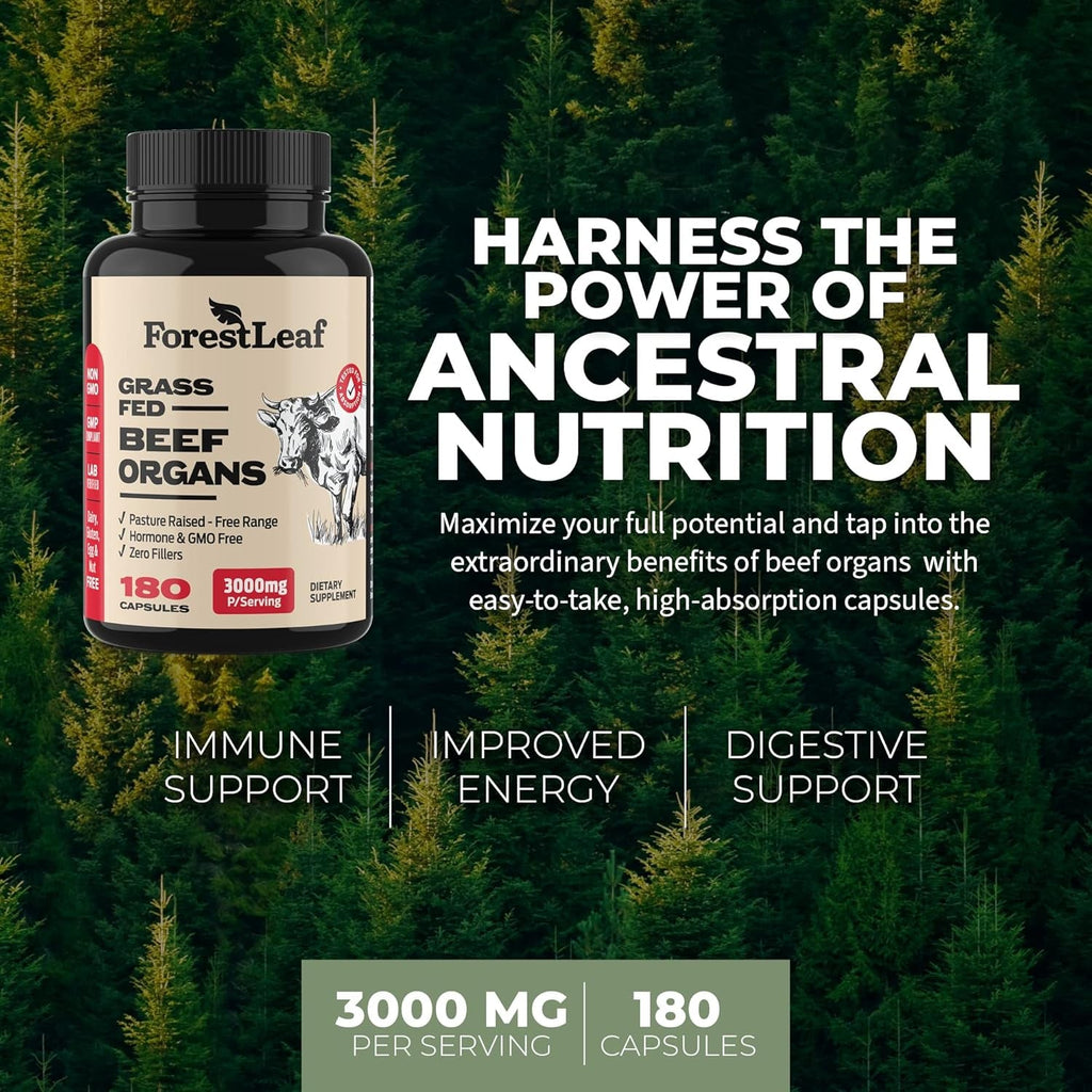Forestleaf Beef Organ Supplement - Grass Fed & Pasture Raised - Total Body Wellness & Performance, Organ Complex with 3000Mg of Desiccated Beef Liver, Heart, Kidney, Pancreas, Spleen (180 Capsules)