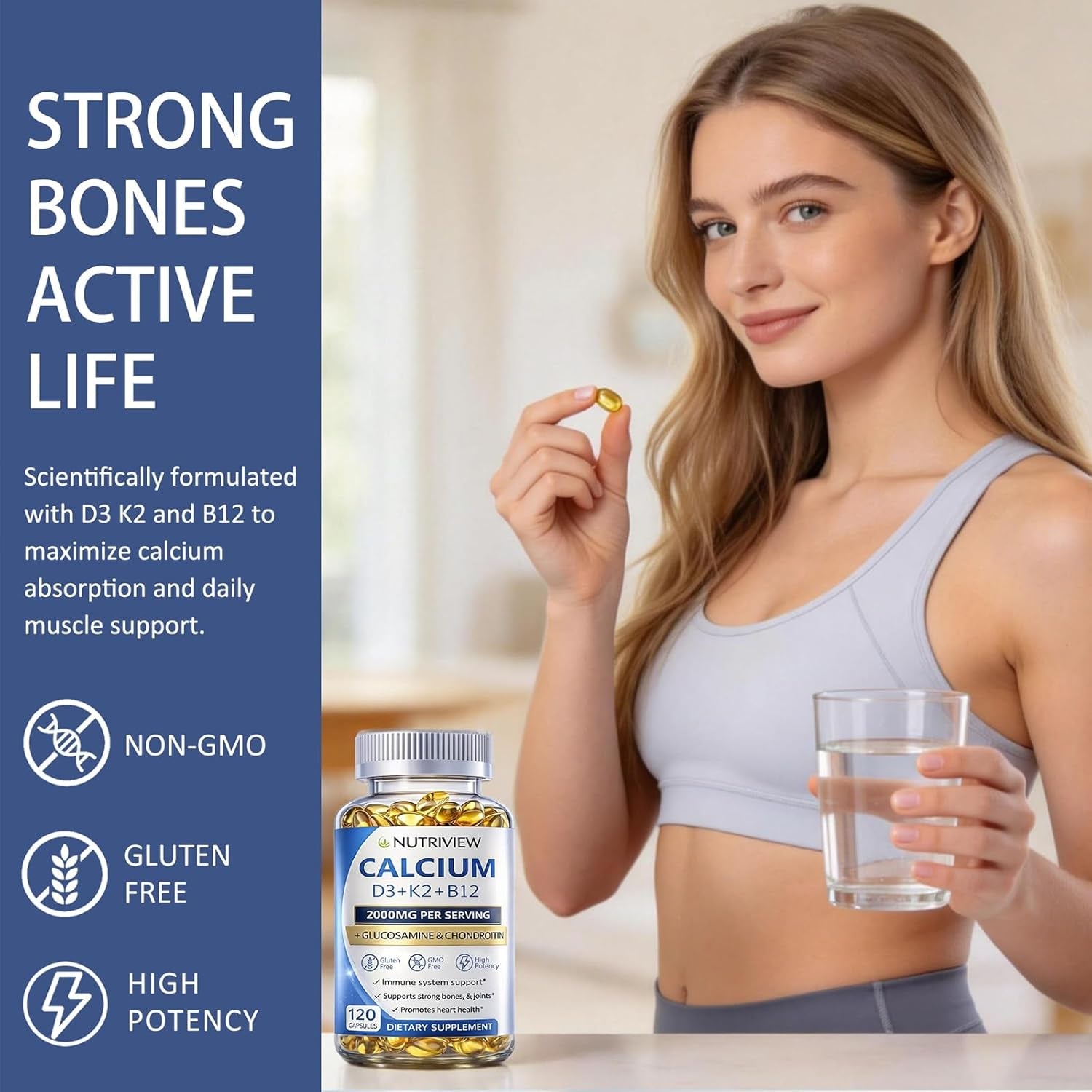 Nutriview Calcium 2000Mg with D3 & K2 - High Absorption Bone Health Supplement for Women, Non-Gmo, 120 Softgels（1Pc）