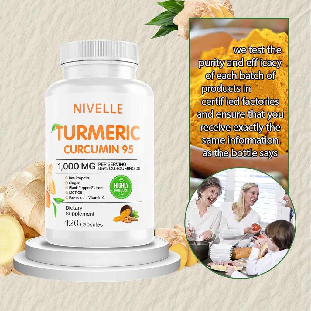 NIVELLE Turmeric Curcumin | Pure Turmeric Curcumin Supplement 1000Mg | 95% Curcuminoids with Bee Propolis, Ginger, MCT Oil, Fat Soluble Vitamin C, & Black Pepper | 120 Capsules (1)