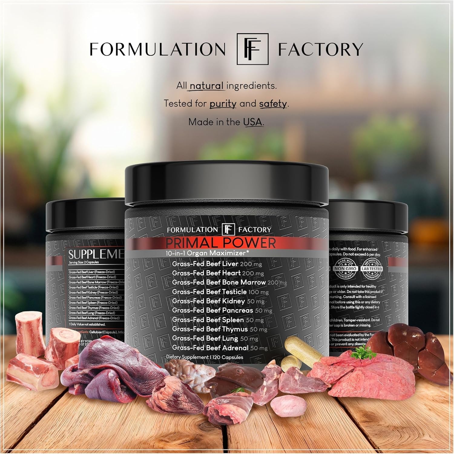 Formulation Factory Primal Power 10-In-1 Grass-Fed Beef Organ Complex with Liver, Heart, Bone Marrow, Orchic, Kidney, Spleen, Pancreas, Adrenals, Thymus & Brain - 120 Capsules