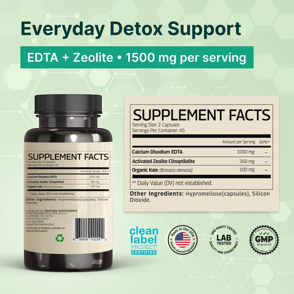 VINATURA EDTA Capsules - 1500Mg per Serv, USA Made & Tested, Liver Support - Edta Calcium Disodium, Kale Extract - 90 Capsules 45 Servings