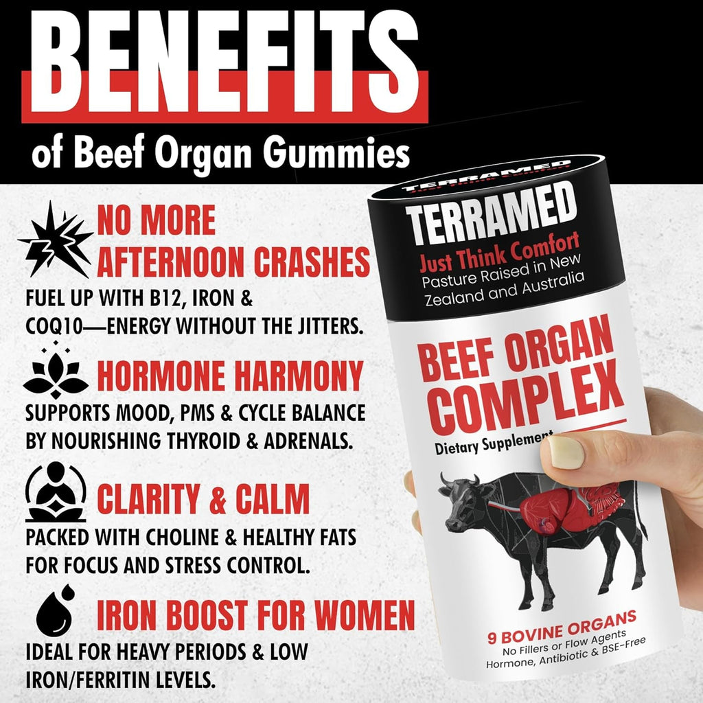 Beef Organ Supplement for Women | Grass Fed Beef Organs Liver Supplement | 9 Nutrient Rich Bovine Organs | Raised on New Zealand & Australian Pastures | No Fillers | Great Taste | 60 Gummies