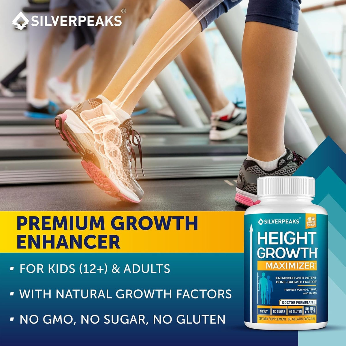 SILVERPEAKS Height Growth Maximizer - Natural Pills to Grow Taller Made in USA with Calcium for Bone Strength Get Supplement That Increases Free of Hormone, 60 Count (Pack of 1)