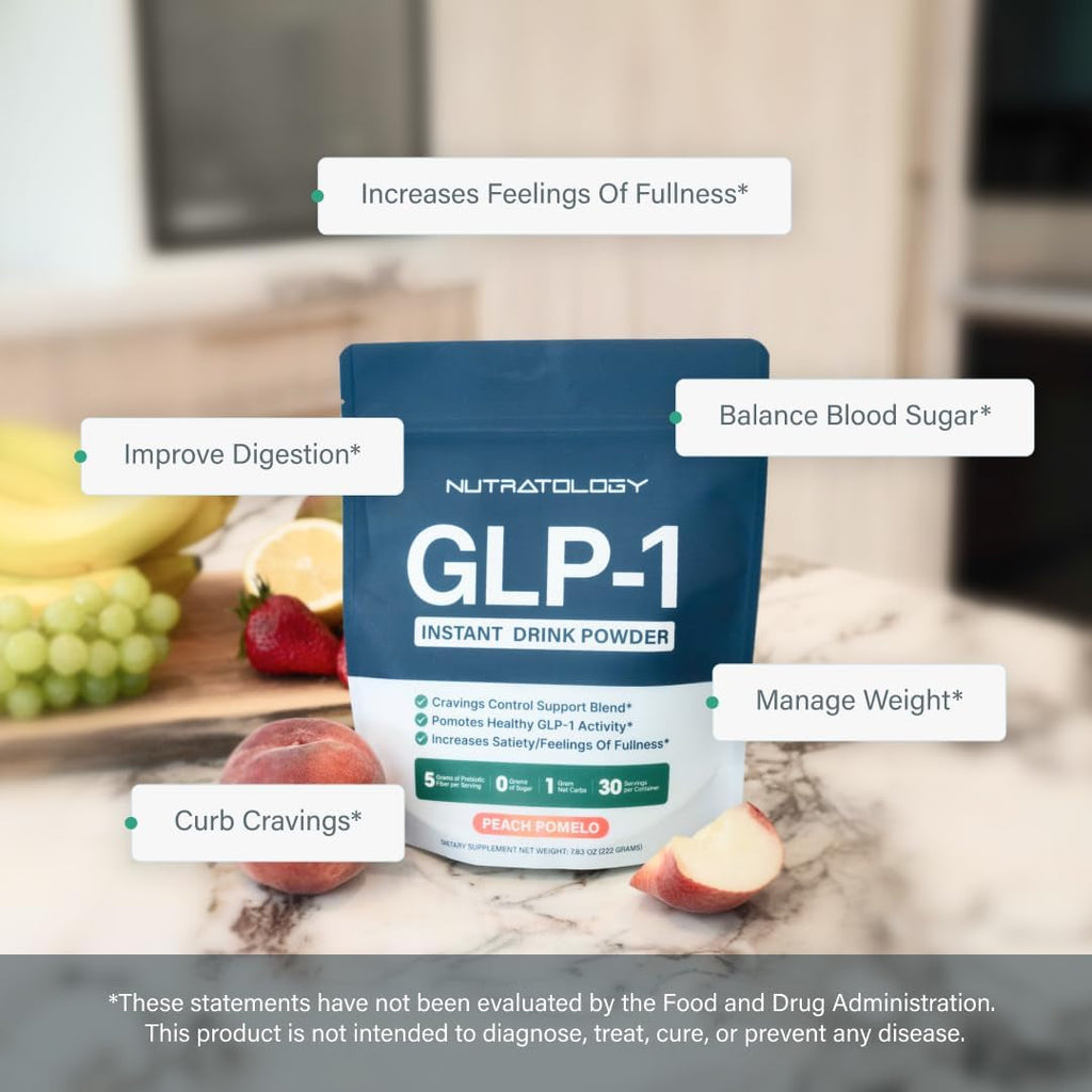 GLP-1 Booster | Control Cravings, Appetite Support & Gut Health | High in Fiber & Sugar-Free Drink Mix | GLP1 Supplements Weight Loss Women & Men | Peach Pomelo Flavor | Made in USA | 30 Servings