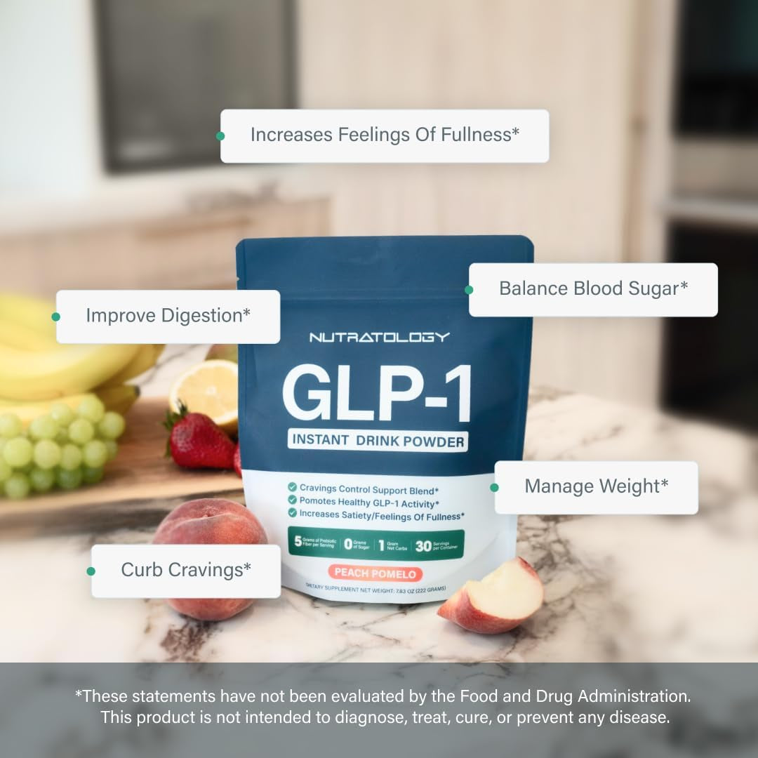 GLP-1 Booster | Control Cravings, Appetite Support & Gut Health | High in Fiber & Sugar-Free Drink Mix | GLP1 Supplements Weight Loss Women & Men | Peach Pomelo Flavor | Made in USA | 30 Servings