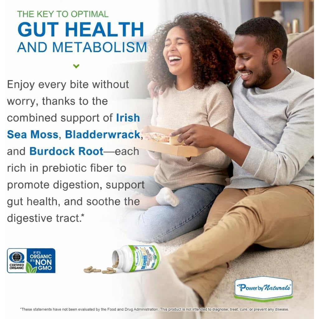 Power by Naturals Sea Moss plus – USDA Organic Irish Sea Moss Capsules with Bladderwrack & Burdock Root – Immune Support for Adults – Vegan, Non-Gmo, Gluten-Free – 60 Capsules (1-Month Supply)