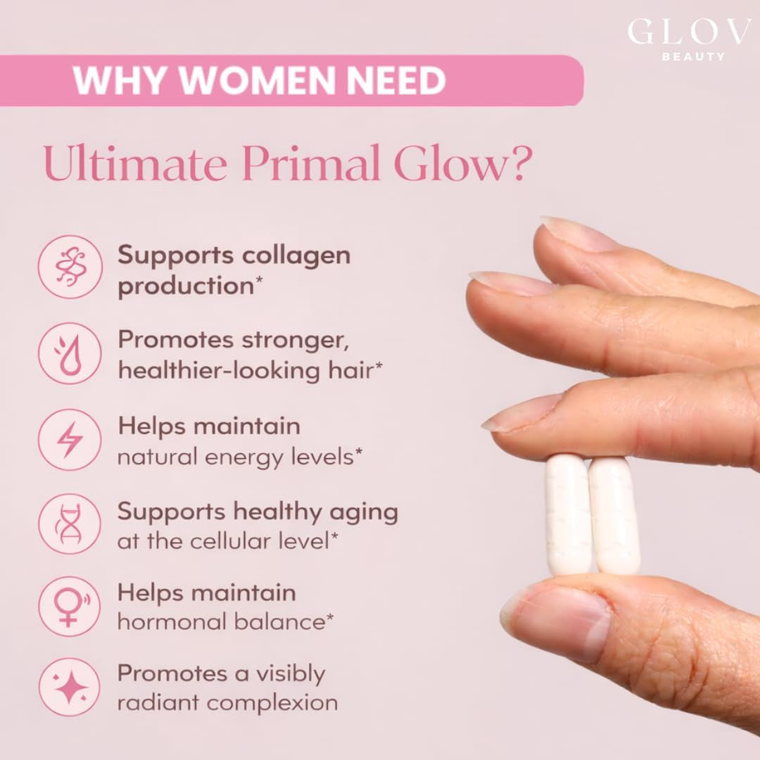Glov Beauty Ultimate Primal Glow - Grass Fed Beef Organ Supplement for Women, Pasture Raised Liver, Heart, Kidney & Reproductive Beef Organs for Beauty, Energy & Vitality Support, 1Month Supply 60Caps