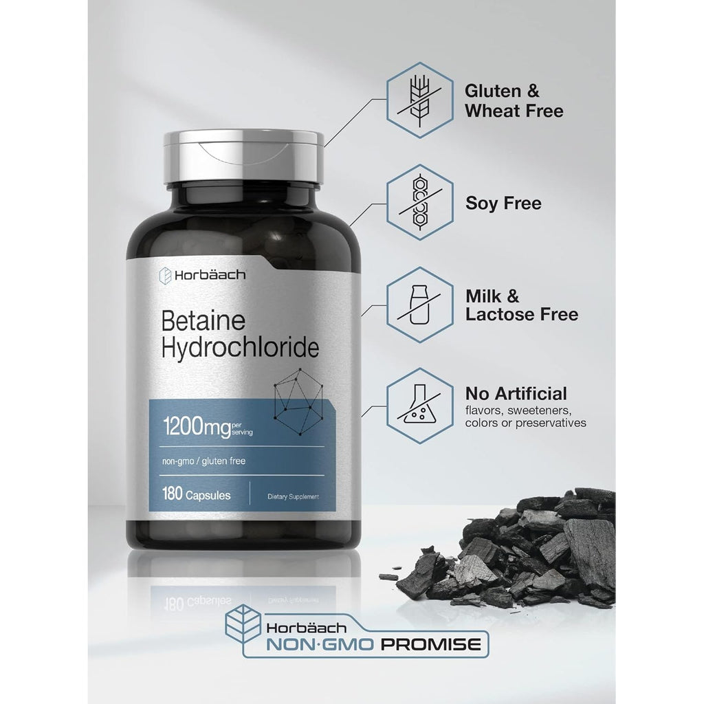 Horbäach Betaine Hcl 1200Mg | 180 Capsules | Betaine Hydrochloride Supplement | Non-Gmo, Gluten Free