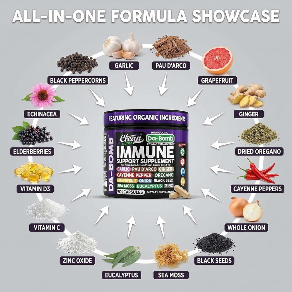 Organic Immune Support with PAU D'Arco Garlic Cayenne Pepper Oregano Ginger Grapefruit Onion Black Seed Sea Moss Black Pepper Zinc Eucalyptus Vitamin C Vitamin D Organic Soursop by Clean Nutra