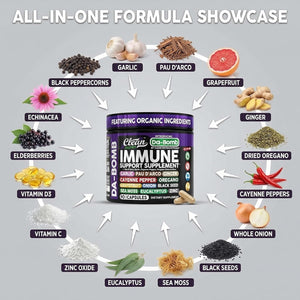 Organic Immune Support with PAU D'Arco Garlic Cayenne Pepper Oregano Ginger Grapefruit Onion Black Seed Sea Moss Black Pepper Zinc Eucalyptus Vitamin C Vitamin D Organic Soursop by Clean Nutra
