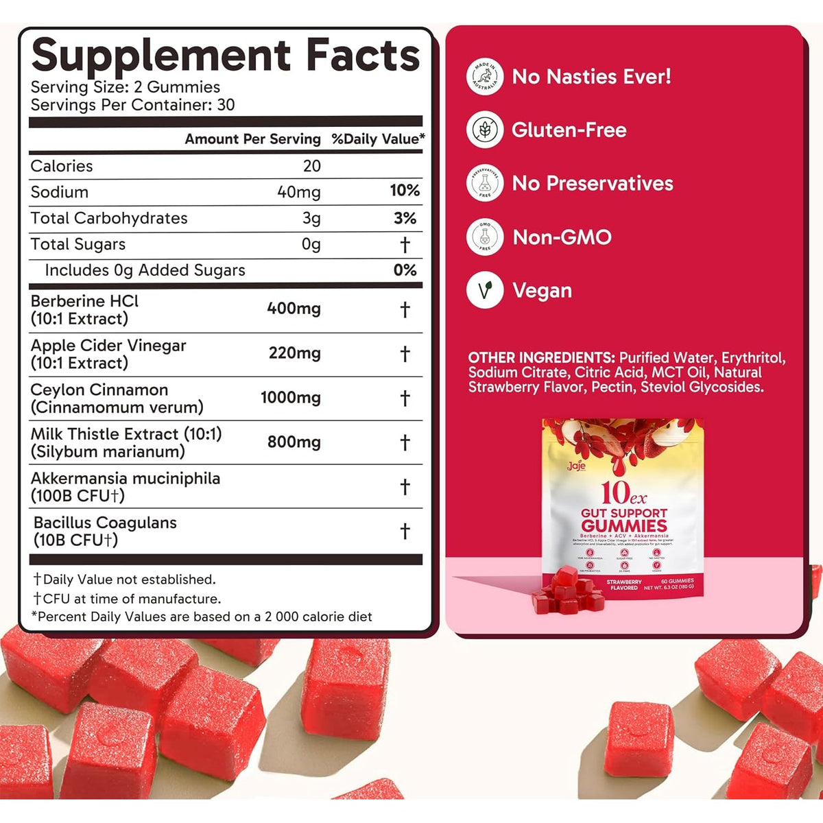 10Ex 3-In-1 Berberine Gummies, Gut Support Gummies. Gut Health, Digestion & Appetite Balance. 100 Billion CFU Akkermansia Probiotics, Apple Cider Vinegar Gummy. Sugar-Free, Vegan, Keto, Low-Carb 60Ct