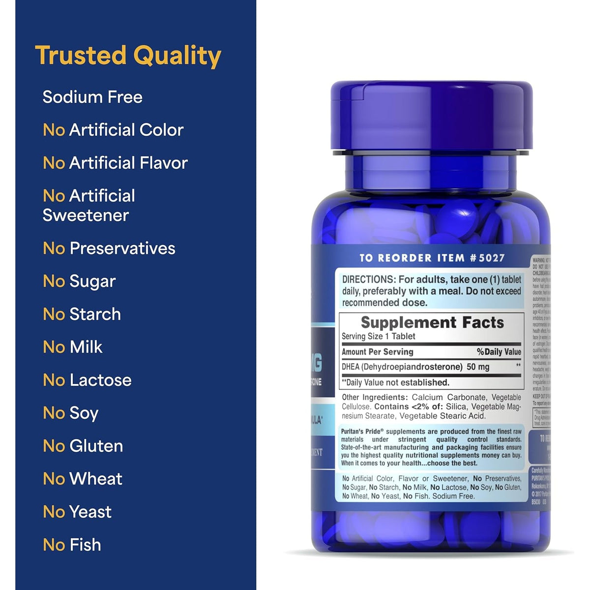 Puritan'S Pride Youth Guard™ DHEA for Women and Men 50Mg, Dietary Supplement for Healthy Aging, 3 Month Supply, 100 Tablets