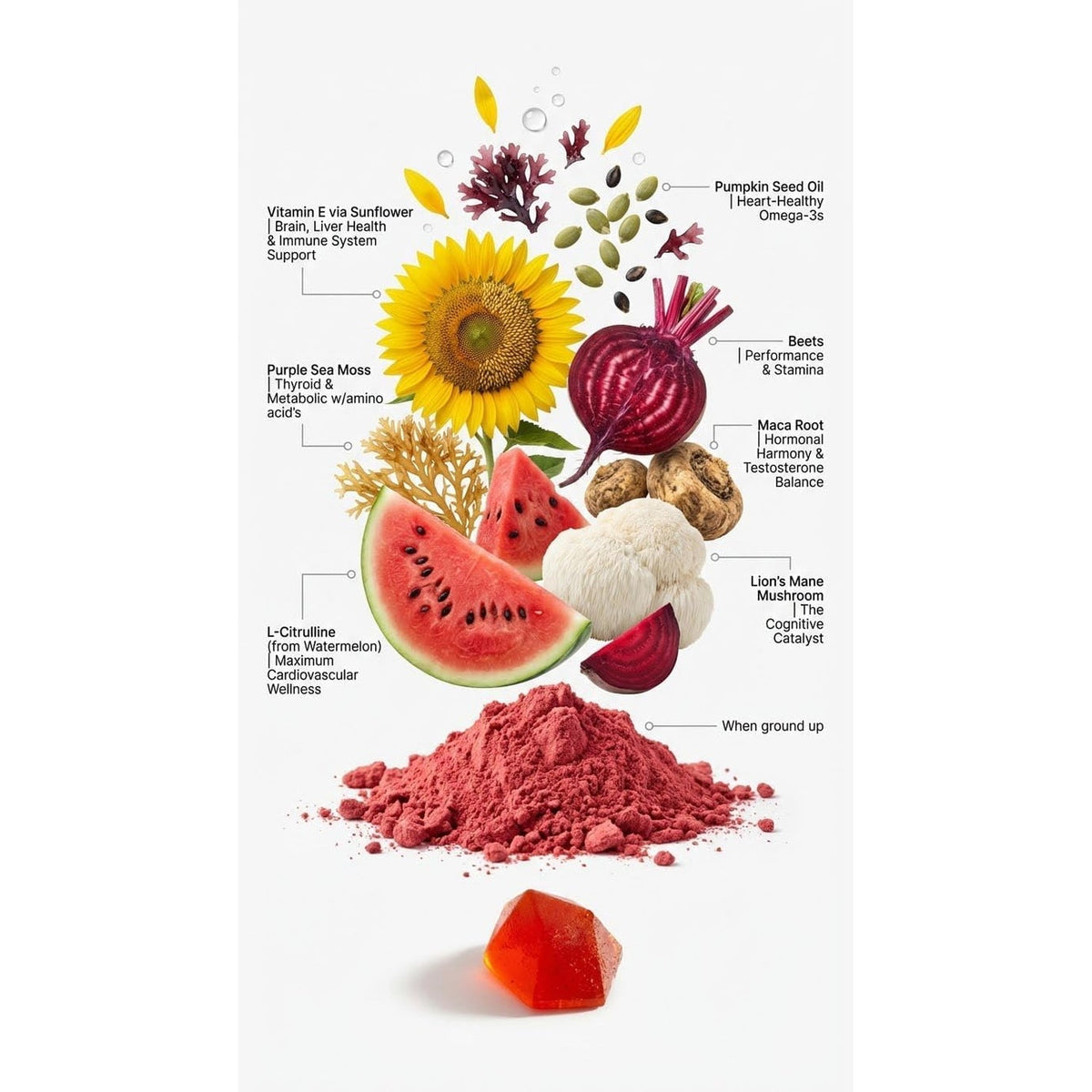 BDE Wildcrafted Sea Moss Gummy Maca Root, Beets, Lions Mane Mushroom, Vitamin D + E - Vegan Collagen, Zinc, Immunity & Detox, Gut Health - 60 Count