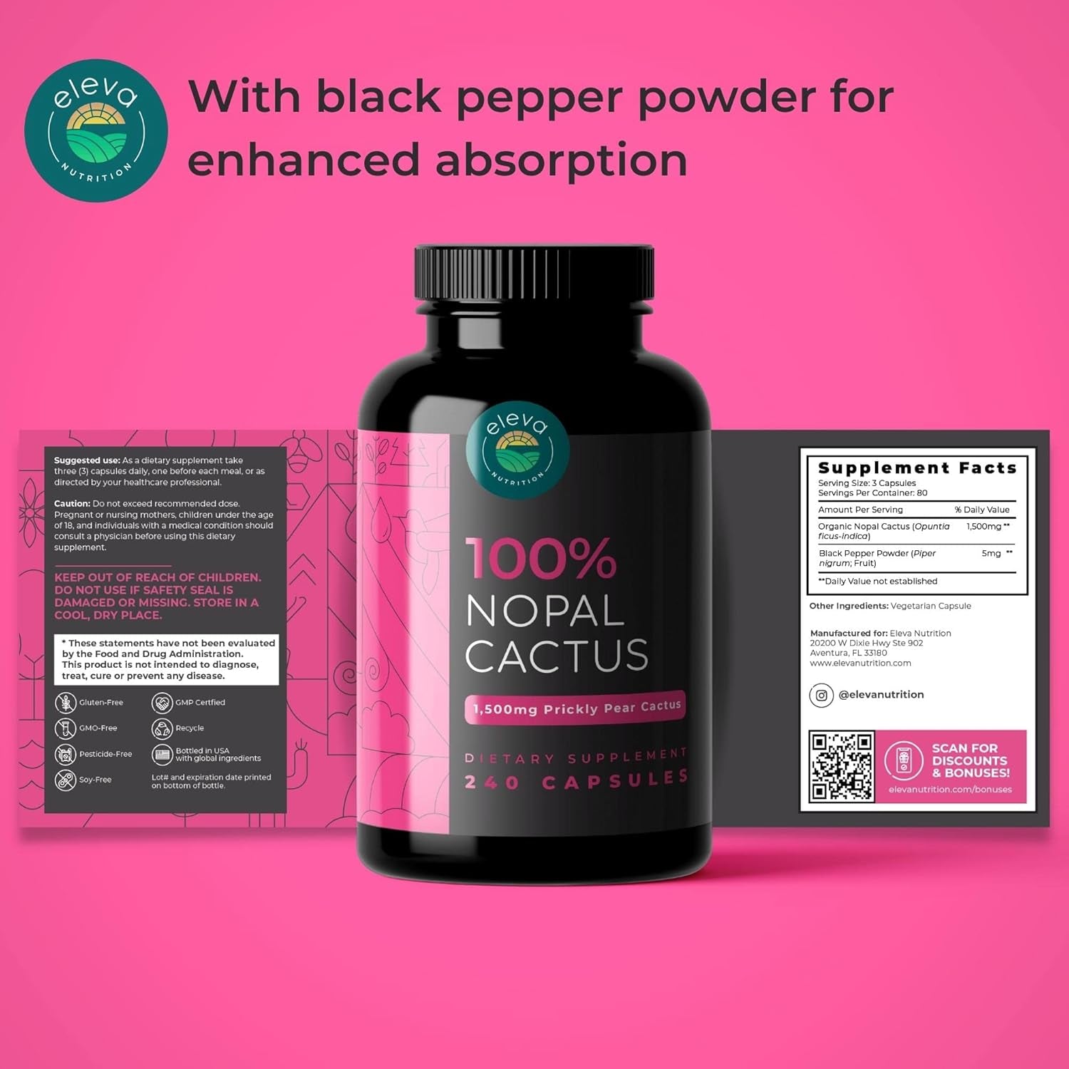 Nopal Cactus Capsules 1500Mg- Organic Sun-Dried Prickly Pear Cactus Powder & Black Pepper Extract for Absorption- Natural Prickly Pear Super Supplement- Fiber, Vitamins and Minerals 240 Capsules