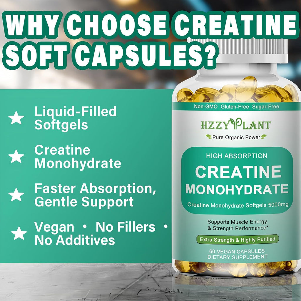 Creatine Softgels - High Absorption Creatine for Women & Men - Creatine Monohydrate 5000Mg for Muscle Strength, Muscle Builder, Energy Boost, Pre-Workout - Sugar Free, Non-Gmo & Gluten Free