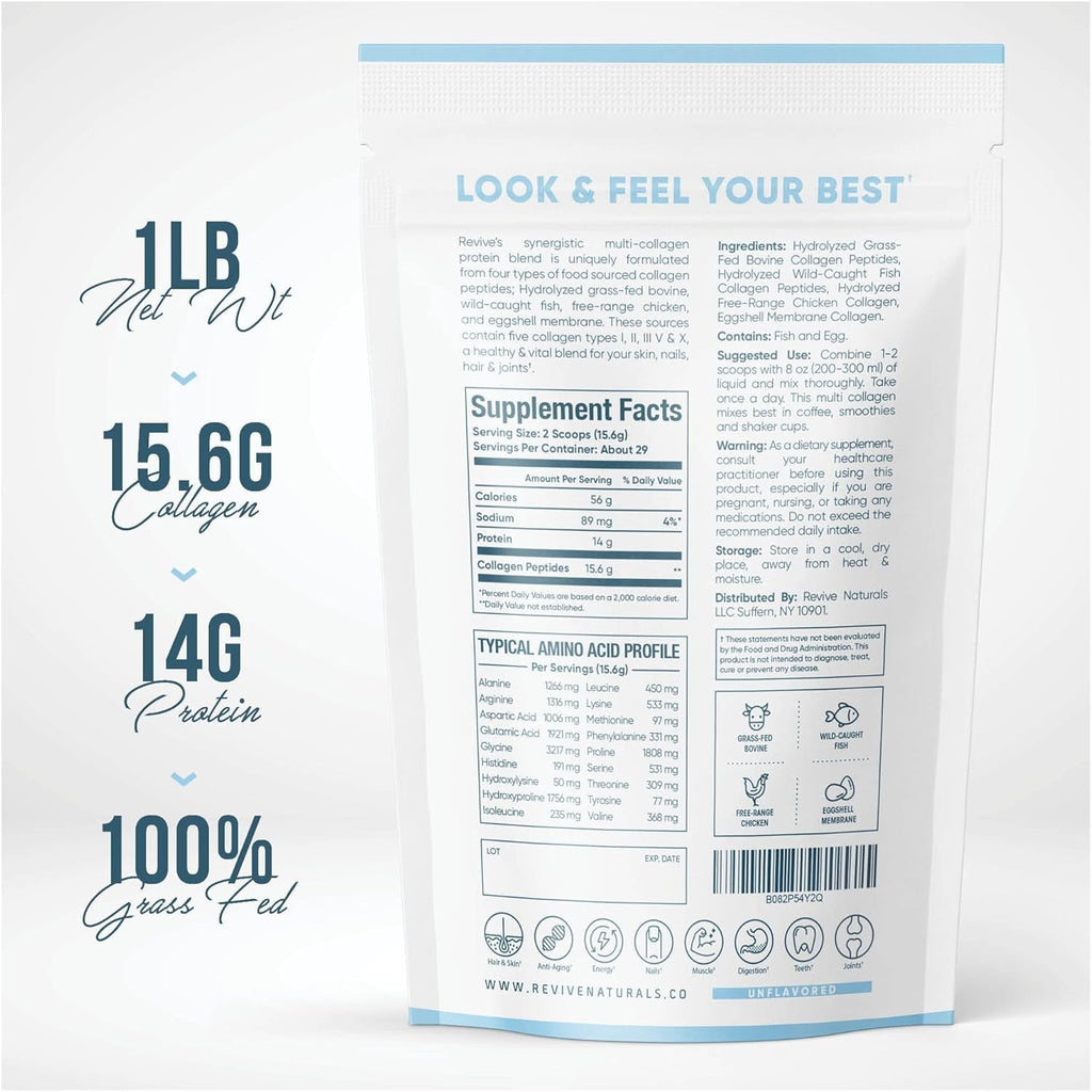 Multi Collagen Hydrolyzed Protein Powder (16Oz) - Types I, II, III, V & X - Grass Fed Bovine (Peptan®), Wild Caught Marine, Free Roaming Chicken & Eggshell Collagen Peptides, Non-Gmo, GF.