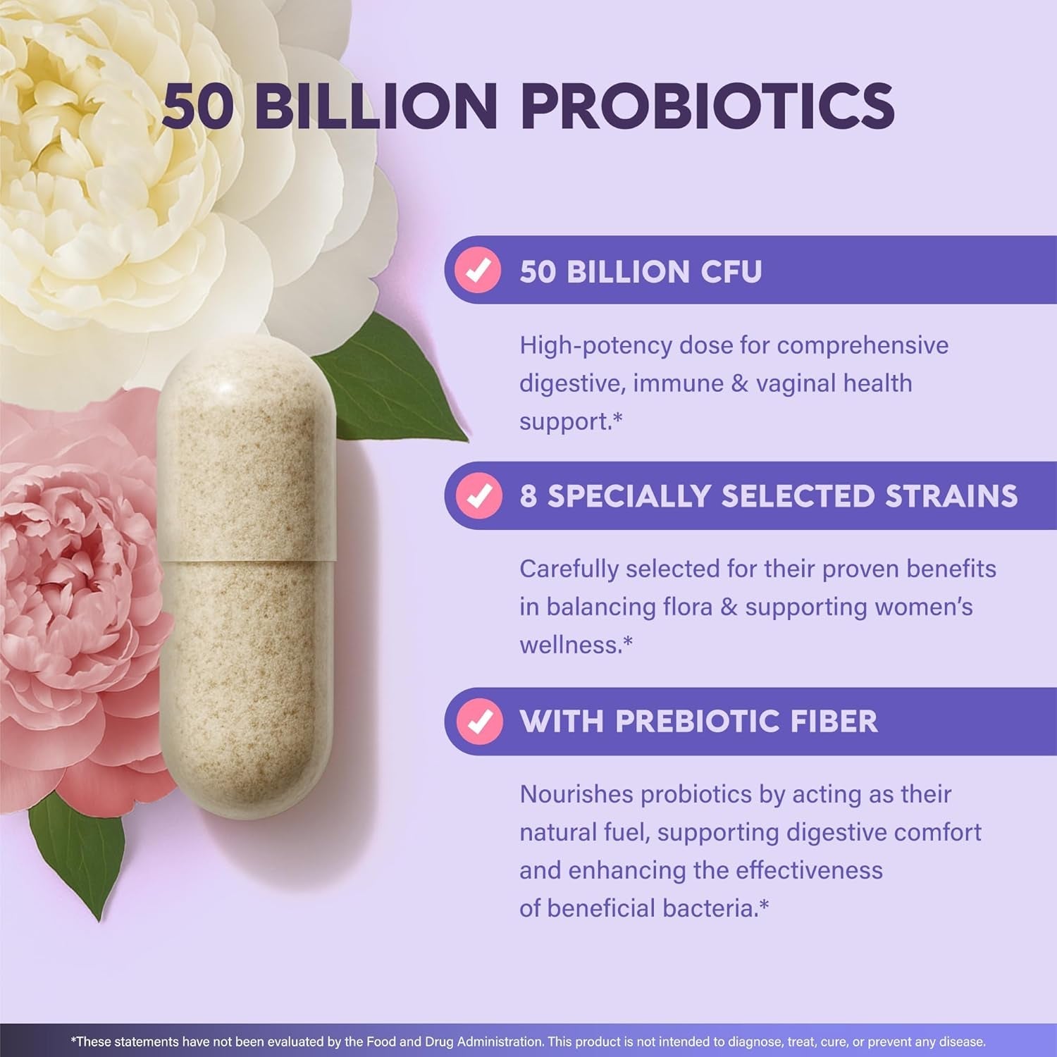 Probiotics for Women 50 Billion CFU - Vaginal Probiotics Clinically Proven for Yeast & Ph Balance - Digestion & Bloating Relief - 8 Strains + Prebiotics - Delay Release - Lab Tested, 30 Capsules