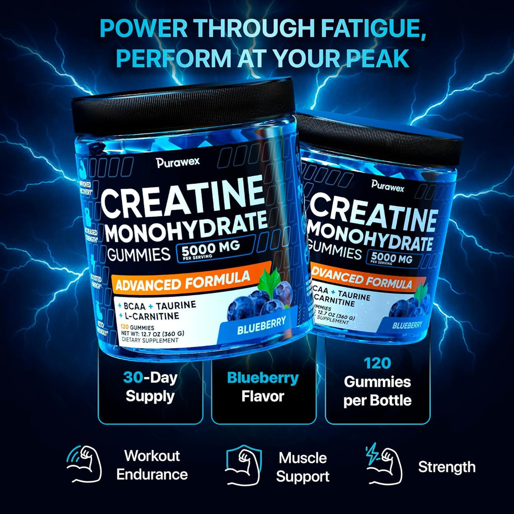 Creatine Monohydrate Gummies 5000Mg Complex for Men & Women - Pre Workout Creatine Chews for Muscle Growth, Strength & Energy, Sugar Free, Vegan, Blueberry Flavor - 120 Count