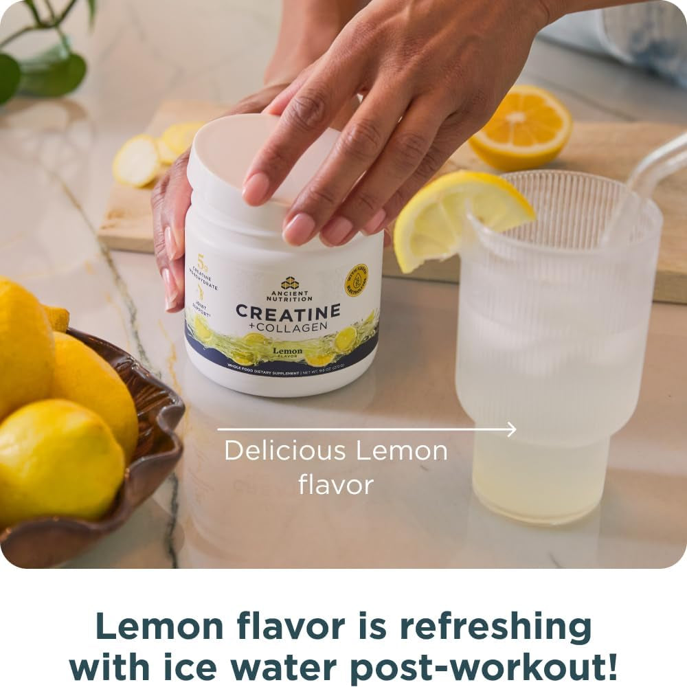 Ancient Nutrition Creatine + Collagen + Electrolytes – Muscle Strength, Lean Body Mass, Joint Comfort & Cognitive Support – Includes 5G Creatine Monohydrate for Women, Lemon (30 Servings)