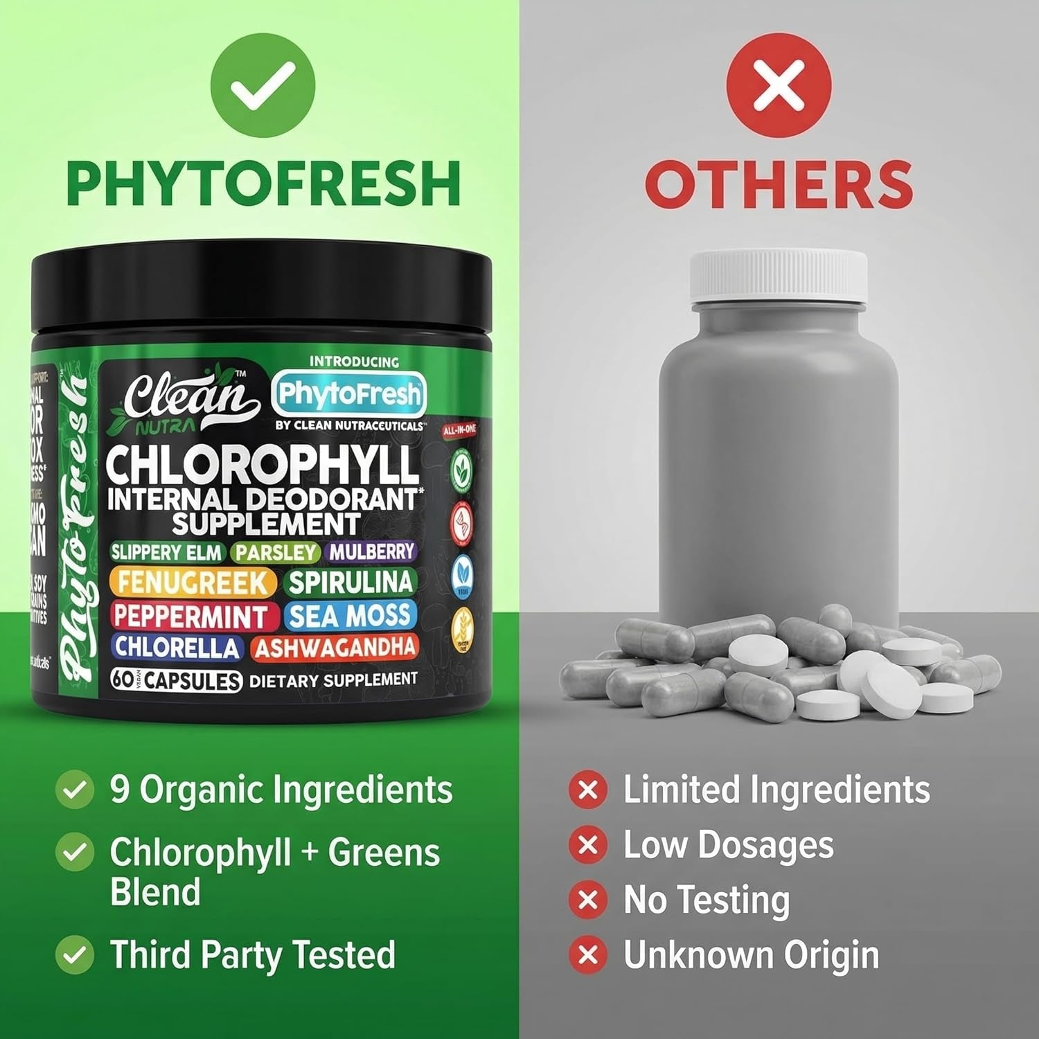 Clean Nutra Chlorophyll Capsules Supplement Internal Deodorant Peppermint, Sea Moss, Parsley, Chlorella, Spirulina, Slippery Elm, Ashwagandha, Phytofresh Greens Detox Pills