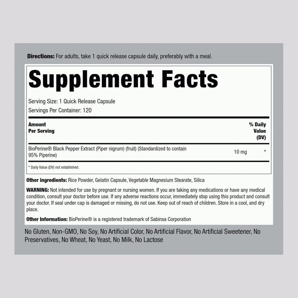 Piping Rock Bioperine Supplement 10Mg | 120 Capsules | Black Pepper Extract | 95% Piperine | Gluten Free, Non-Gmo