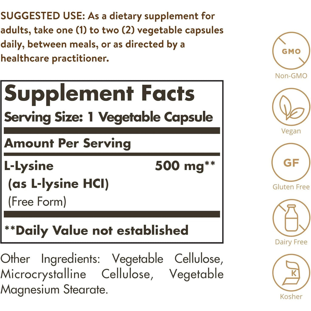 Solgar L-Lysine 500 Mg, 250 Vegetable Capsules - Enhanced Absorption & Assimilation - Promotes Integrity of Skin & Lips - Collagen Support - Amino Acids - Non-Gmo, Vegan, Gluten Free