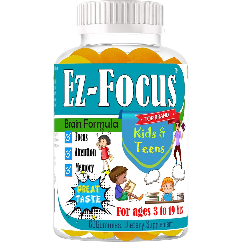 Ez-Focus Gummies for Kids, Teens and Youth – Brain Focus, Memory & Attention Support, DHA & Omega-3 for Kids, Concentration and Focus Supplement, Calm and Study Brain Vitamins 60 Ct
