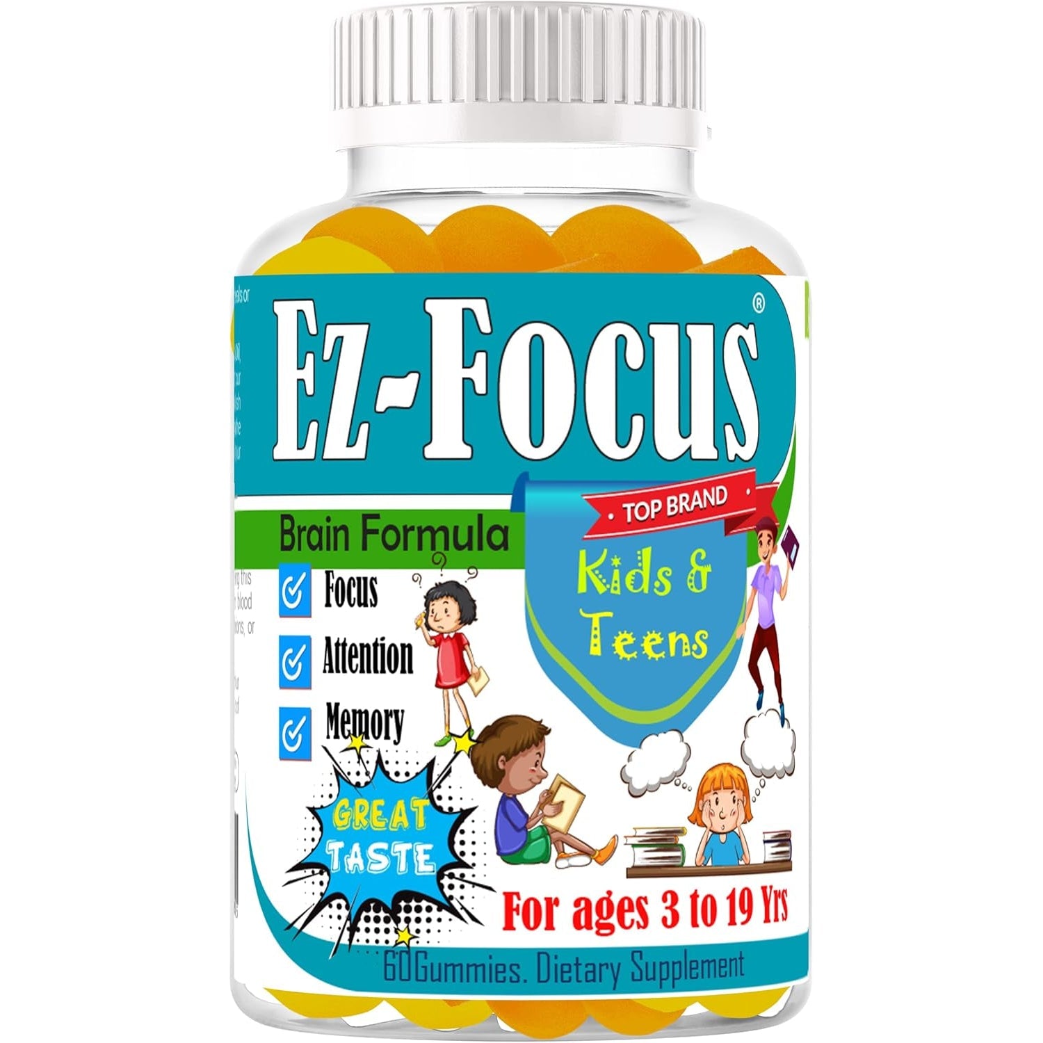 Ez-Focus Gummies for Kids, Teens and Youth – Brain Focus, Memory & Attention Support, DHA & Omega-3 for Kids, Concentration and Focus Supplement, Calm and Study Brain Vitamins 60 Ct