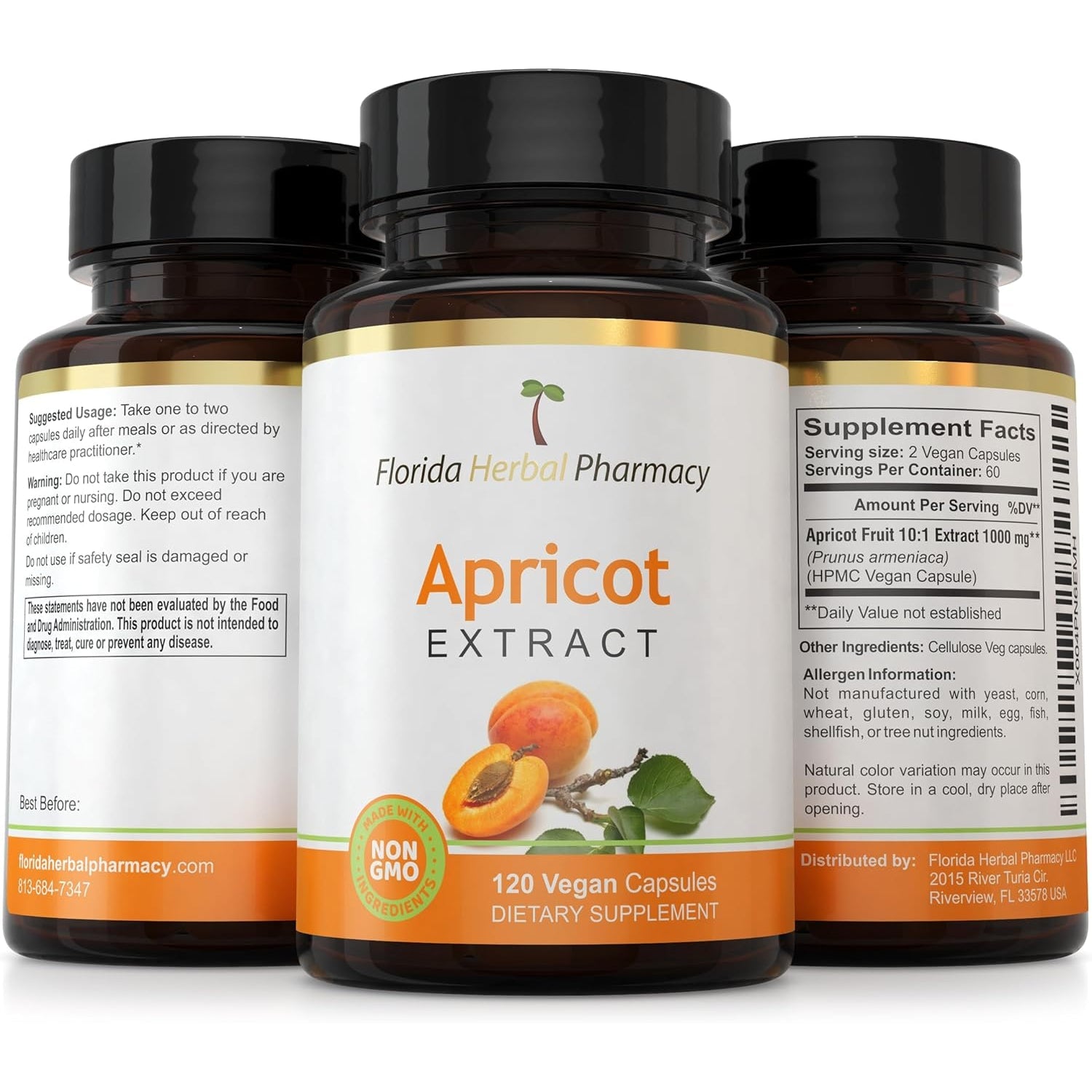 Florida Herbal Pharmacy Apricot Supplement Capsules 10:1 (120 Capsules) 500 Mg per Capsule, 1000 Mg Serving