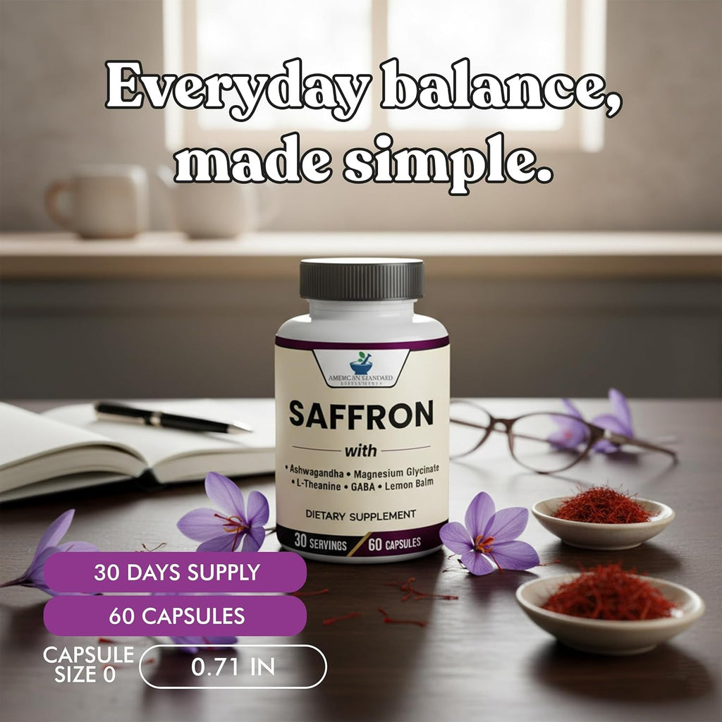 American Standard Supplements Saffron Extract 100Mg per Serving with Magnesium Glycinate, Ashwagandha, L-Theanine, GABA, Lemon Balm, Vegan, Non-Gmo, 60 Capsules