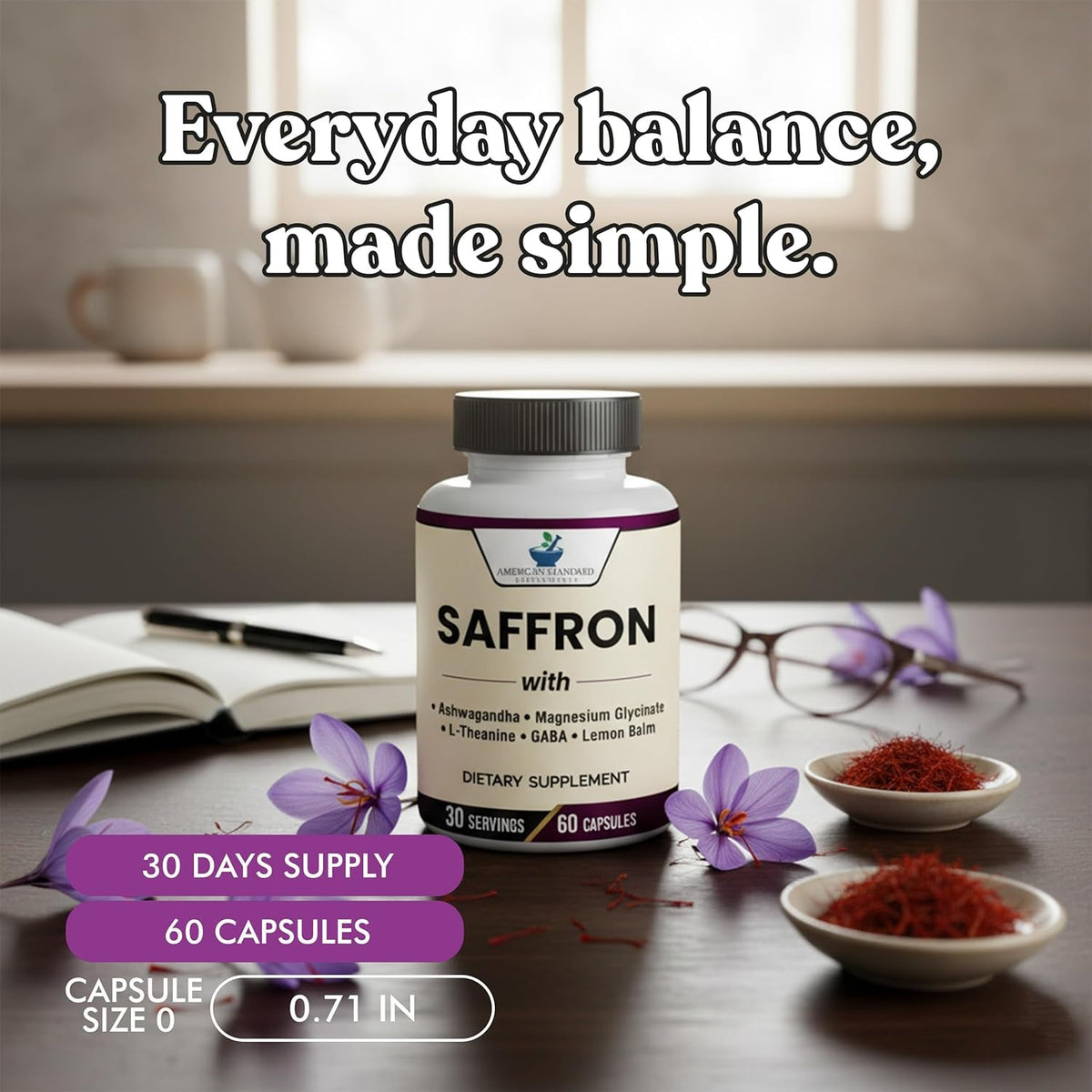American Standard Supplements Saffron Extract 100Mg per Serving with Magnesium Glycinate, Ashwagandha, L-Theanine, GABA, Lemon Balm, Vegan, Non-Gmo, 60 Capsules
