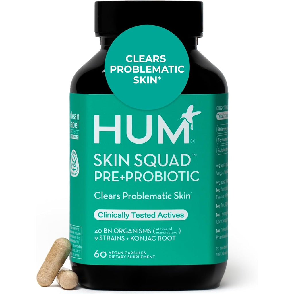 HUM Skin Squad Probiotics for Women and Men, Skin Care Supplement for Clear Complexion & Gut Health Support, Microbiome Prebiotic & Probiotic Supplement for Breakouts, Digestive Health, 60 Capsules