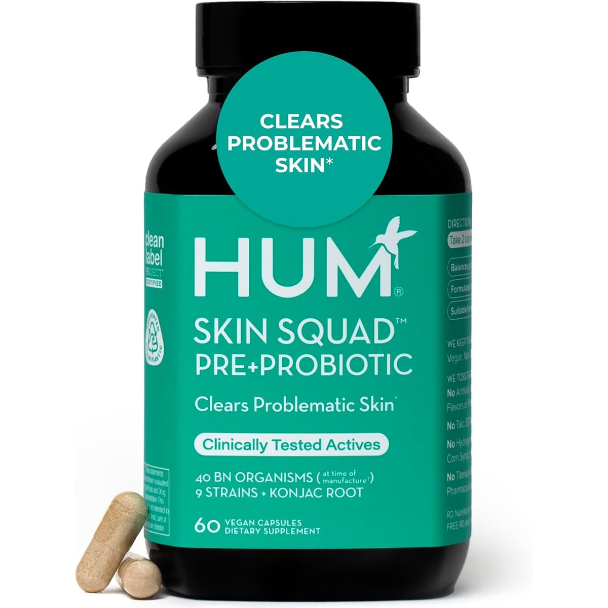 HUM Skin Squad Probiotics for Women and Men, Skin Care Supplement for Clear Complexion & Gut Health Support, Microbiome Prebiotic & Probiotic Supplement for Breakouts, Digestive Health, 60 Capsules