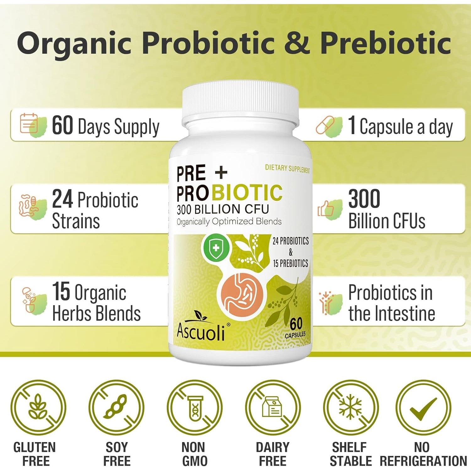 Probiotics for Women & Men - 300 Billion CFU, 24 Strains Probiotics + 15 Organic Herbs Blend, Daily Probiotic for Digestive Health, Immune, Gut, Bloating - 60 Capsule