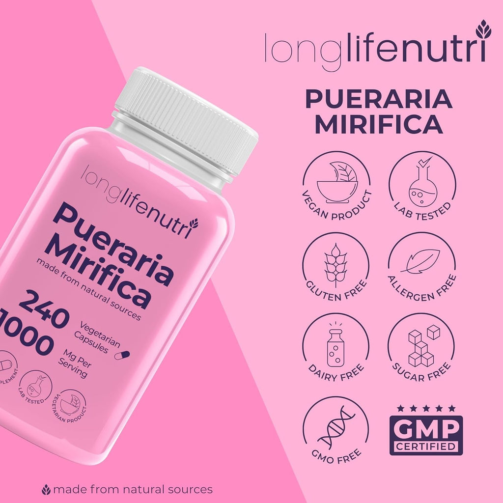 Longlifenutri Pueraria Mirifica Root Extract – 240 Vegetarian Capsules, 1000 Mg per Serving, 4-Month Supply, Made in USA (240)
